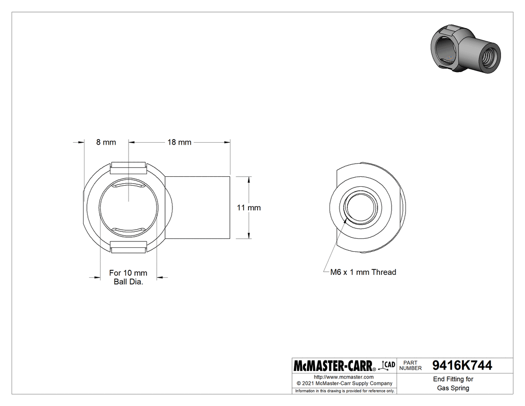 Technical Drawing of Gas Spring End Fitting, Snap-on Ball Socket, Zinc-Plated Steel, M6 Thread Size, 0.43" Wide.